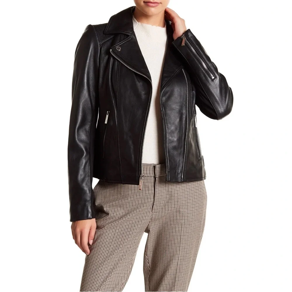 Michael Kors Leather Moto Jacket Black Zip Biker Goth - Picture 1 of 14